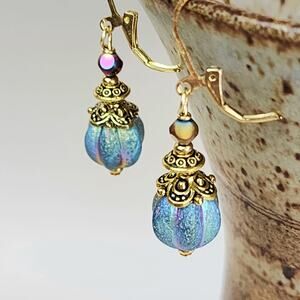 Stunning Dangle Earrings, Teal Blue Glass with Etched Gold AB, Leverback Hooks